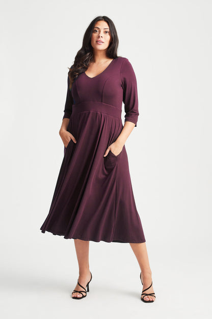 Wine V Neck Long Peach Touch Midi Dress