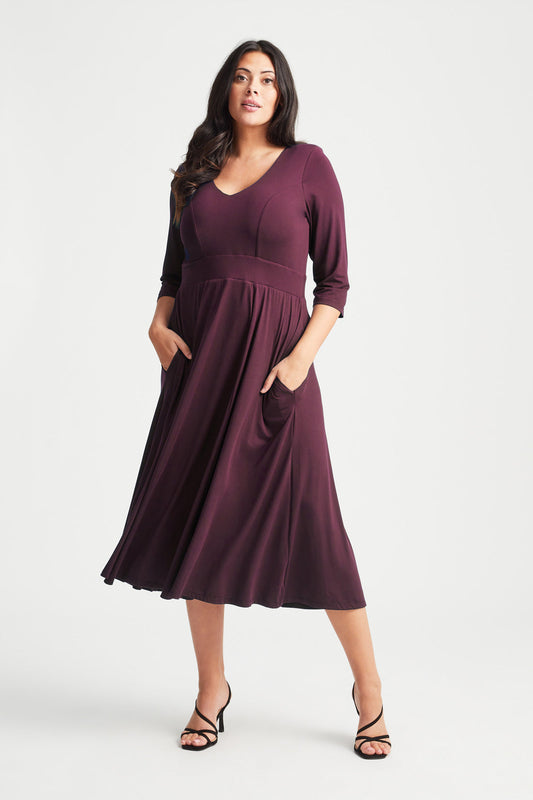 Wine V Neck Long Peach Touch Midi Dress