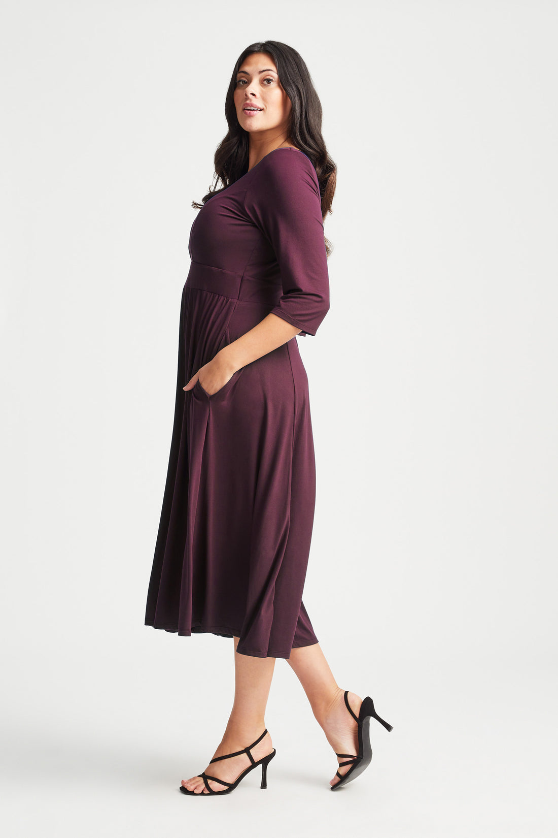 Wine V Neck Long Peach Touch Midi Dress