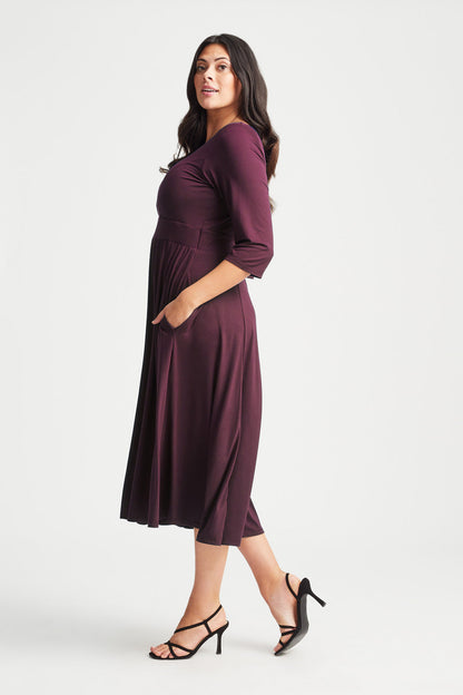 Wine V Neck Long Peach Touch Midi Dress