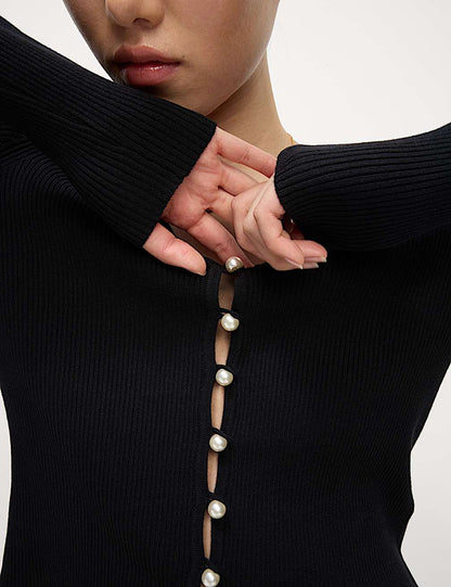 Black Ribbed V-Neck Button Front Cardigan