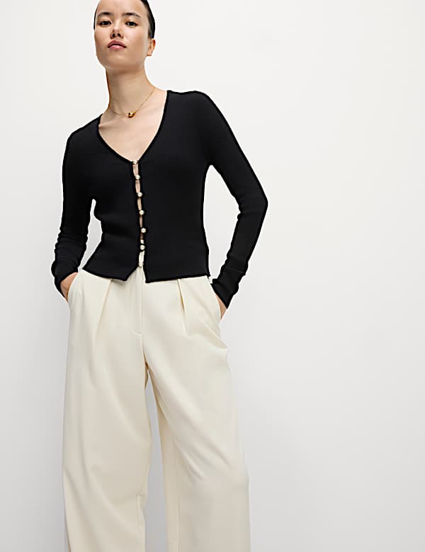Black Ribbed V-Neck Button Front Cardigan