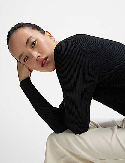 Black Ribbed V-Neck Button Front Cardigan