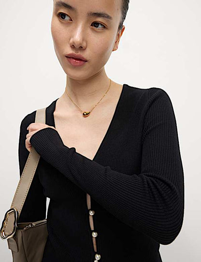 Black Ribbed V-Neck Button Front Cardigan
