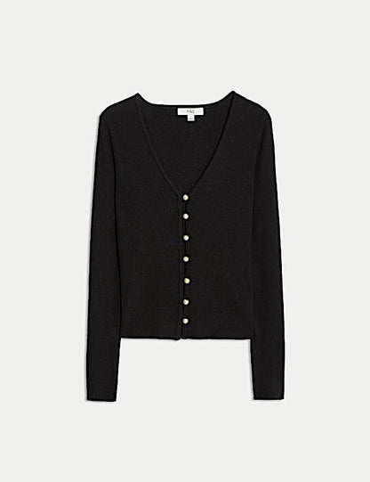 Black Ribbed V-Neck Button Front Cardigan