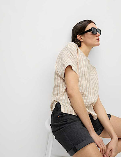 Pure Linen Striped Relaxed T-Shirt