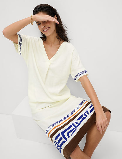 Linen Rich Printed V Neck Shift Dress