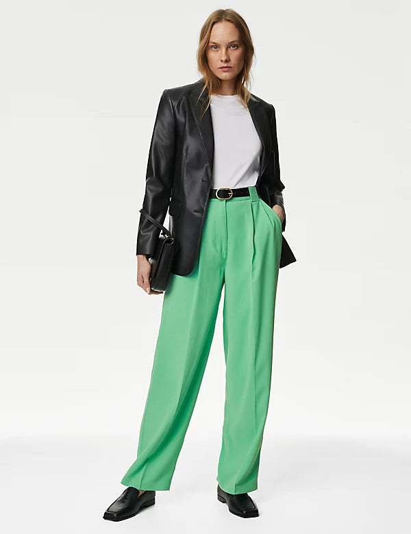 Crepe Pleat Front Straight Leg Trousers Green