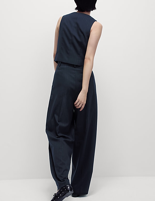 Navy Pinstripe Pleat Front Wide Leg Trousers