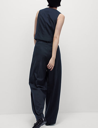 Navy Pinstripe Pleat Front Wide Leg Trousers