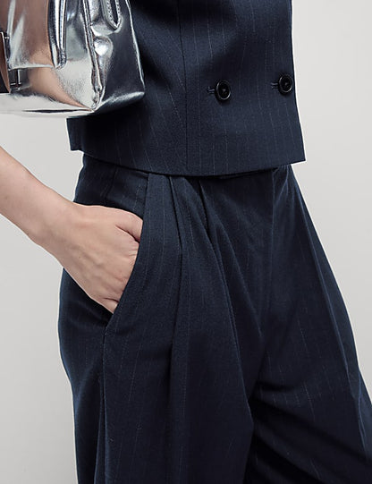Navy Pinstripe Pleat Front Wide Leg Trousers