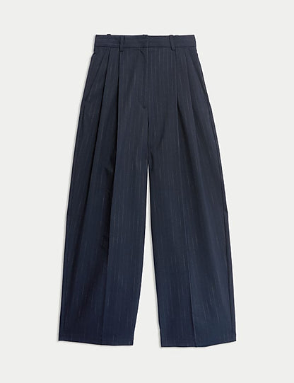 Navy Pinstripe Pleat Front Wide Leg Trousers