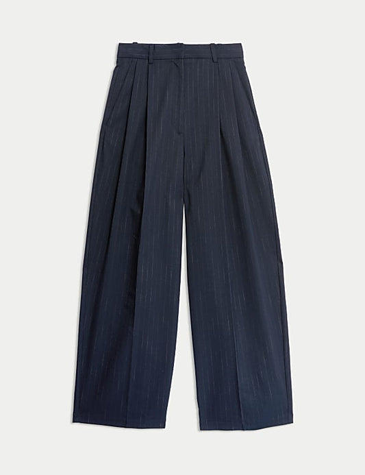 Navy Pinstripe Pleat Front Wide Leg Trousers