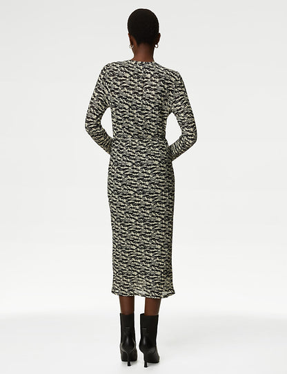 Jersey Printed Round Neck Mesh Midi Column Dress