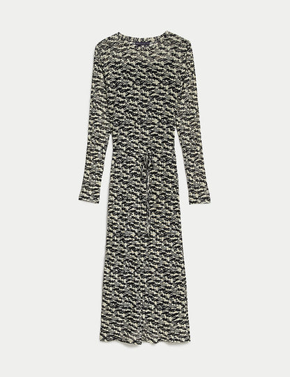 Jersey Printed Round Neck Mesh Midi Column Dress