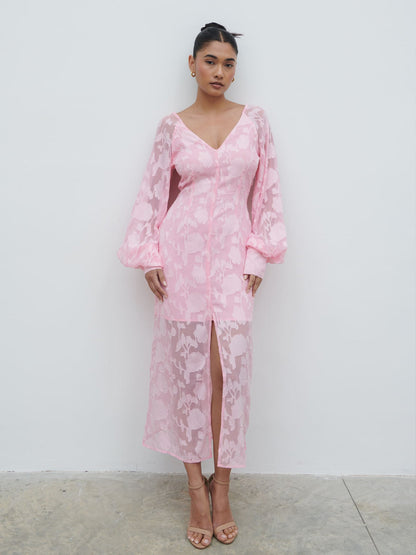 Pretty Lavish Sadie Jacquard V Neck Dress - Pink