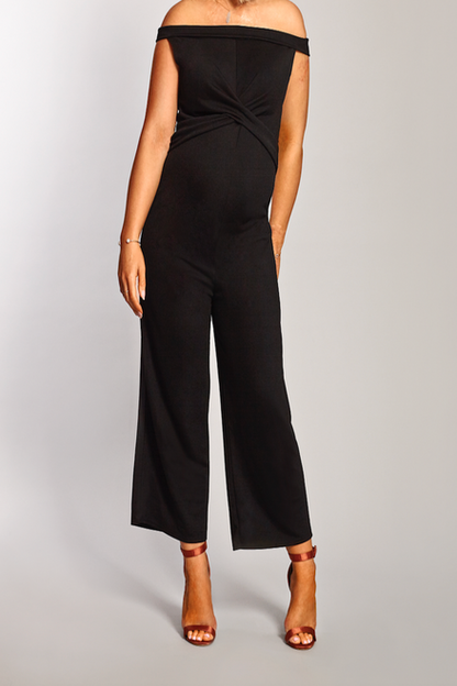 Black Bardot Maternity Twist Front Culotte Jumpsuit