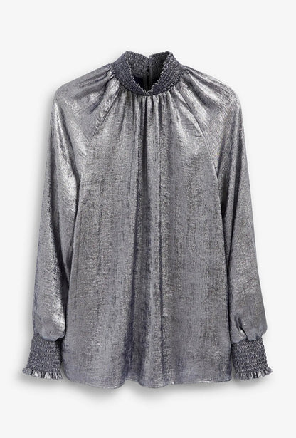 Shirred Neck Metallic Longsleeve Blouse