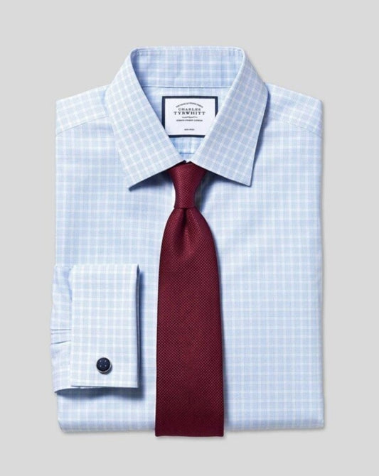 Cutaway Collar Non-Iron Poplin Check Cotton Shirt - Sky Blue