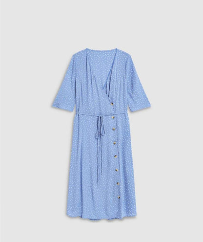 Blue Textured Side Button Dress