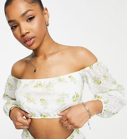 Miss Selfridge dobby chiffon bardot crop top in floral print