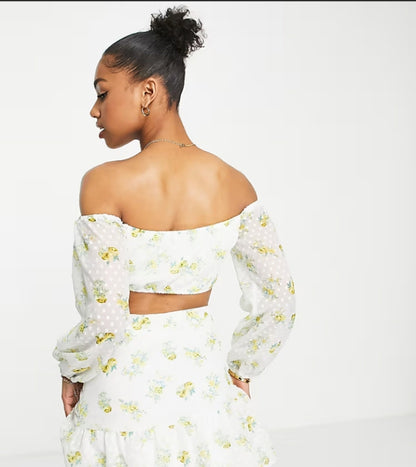 Miss Selfridge dobby chiffon bardot crop top in floral print