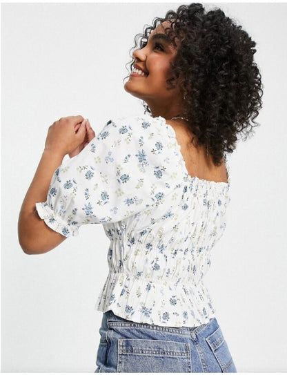 Floral milkmaid top in white and blue