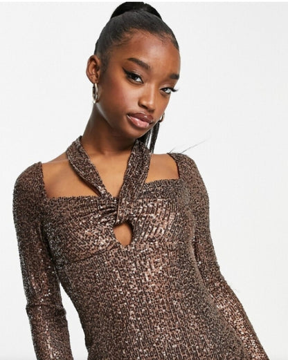 Long Sleeve Sequin Tie Bust Mini Dress in Brown
