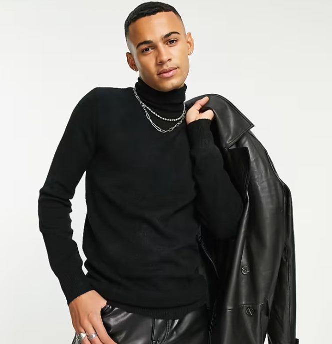 Reclaimed vintage inspired knitted roll neck sweater in black