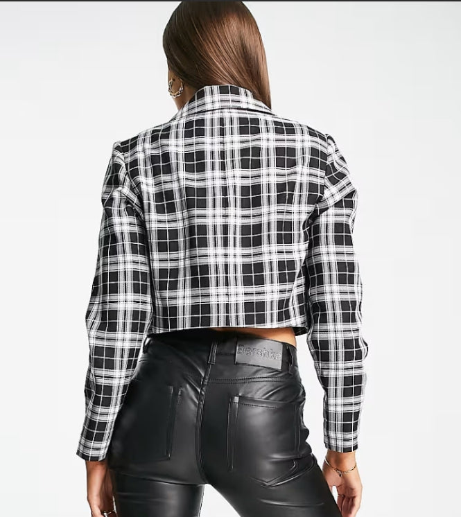 Miss Selfridge cropped blazer in mono check