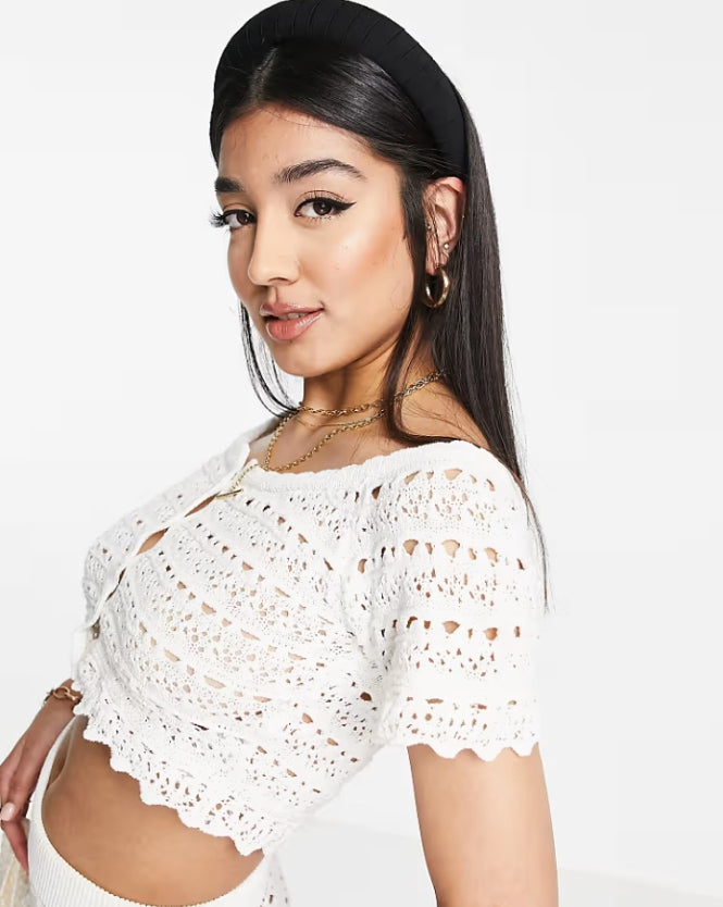 ASOS DESIGN co-ord crochet off shoulder beach top in cream