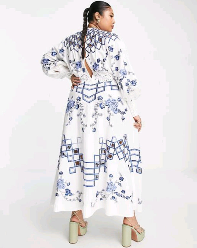 ASOS EDITION Curve embroidered midi dress with cutwork and lace trim