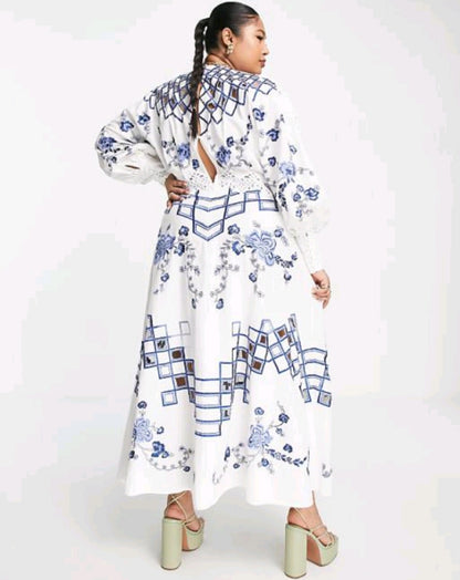 ASOS EDITION Curve embroidered midi dress with cutwork and lace trim