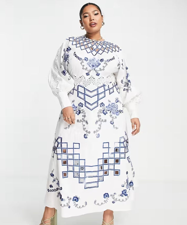 ASOS EDITION Curve embroidered midi dress with cutwork and lace trim