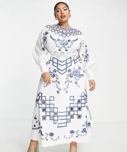 ASOS EDITION Curve embroidered midi dress with cutwork and lace trim