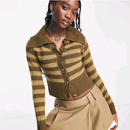 Knitted button down stripe cardigan in brown
