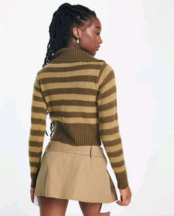 Knitted button down stripe cardigan in brown