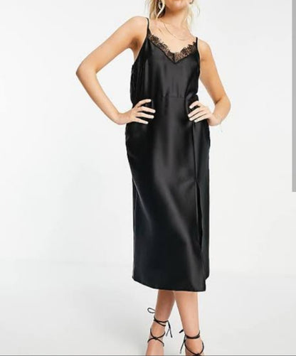 Miss Selfridge Lace Trim Satin Midi Dress in Black