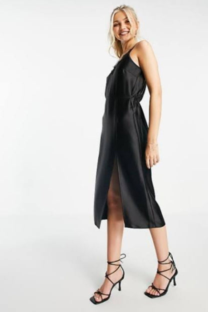 Miss Selfridge Lace Trim Satin Midi Dress in Black