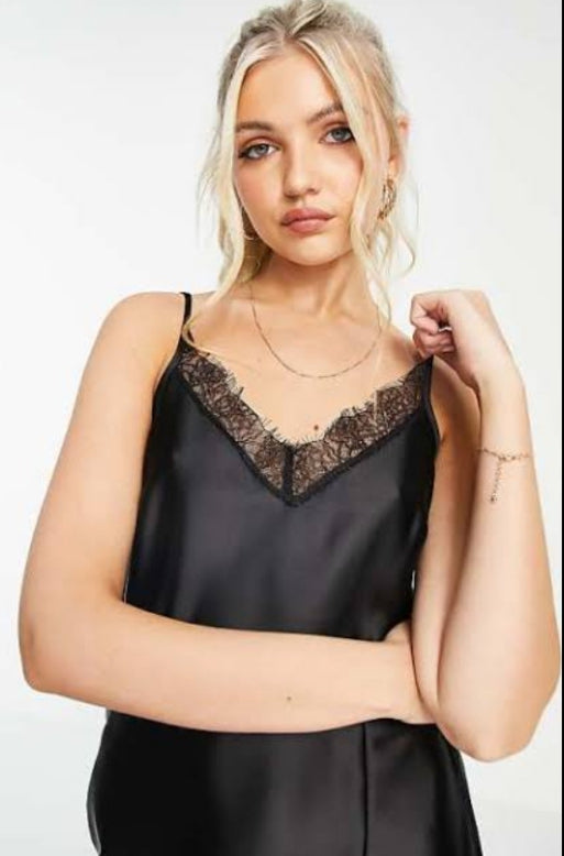 Miss Selfridge Lace Trim Satin Midi Dress in Black