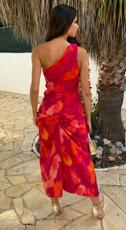 Pink And Orange Smudge Print One Shoulder Knot Skirt Midi Dress