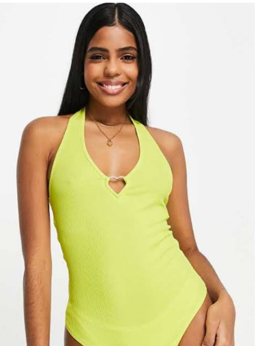 Miss Selfridge Heart Buckle Bodysuit in Yellow