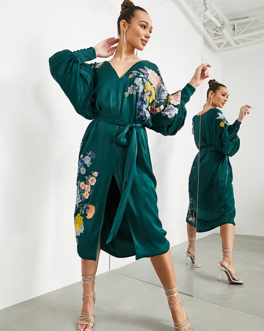 Satin Midi Belted Dress With Floral Embroidery In Forest Green