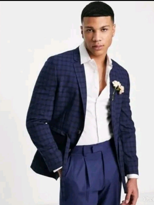 Skinny  Belted Suit With Dark Blue Windowpane