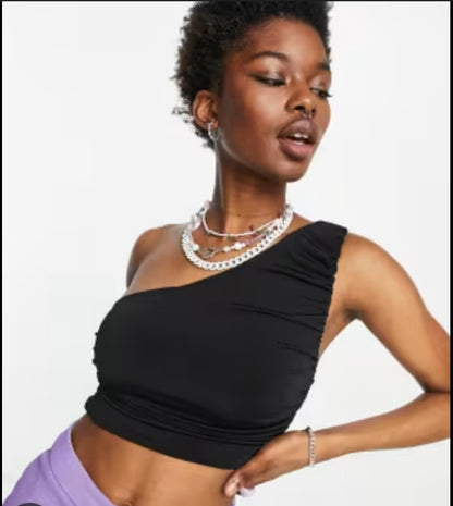 One Shoulder Gathered Crop Top In Black