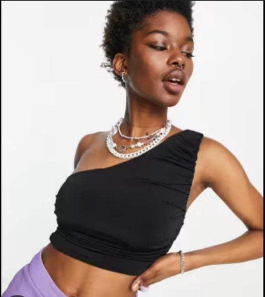 One Shoulder Gathered Crop Top In Black