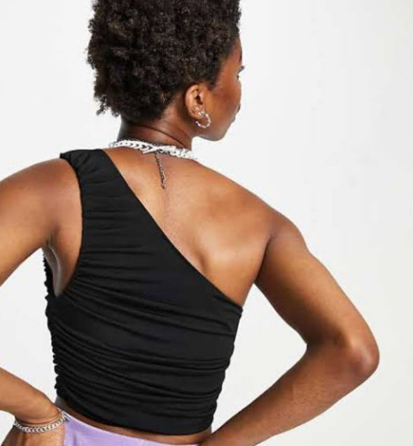 One Shoulder Gathered Crop Top In Black