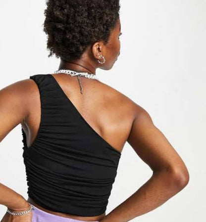 One Shoulder Gathered Crop Top In Black