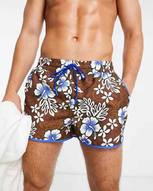 Reclaimed Vintage Inspired Swim Shorts in Retro Hibiscus Print in Multi