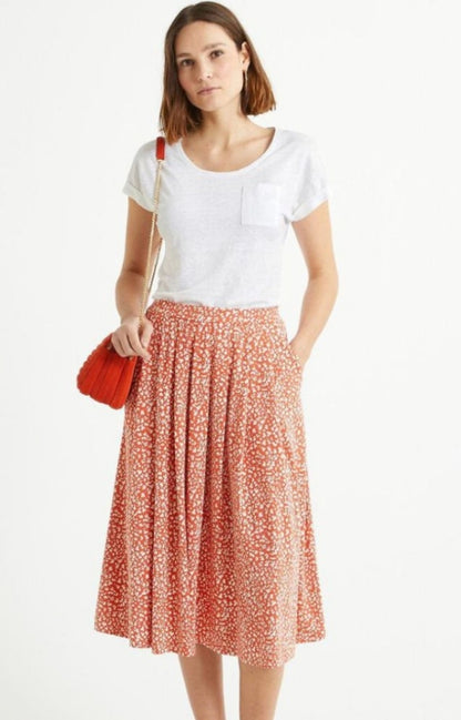 Flared Midi Skirt With Floral Pattern In Orange